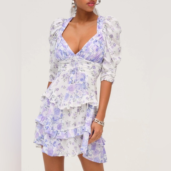For Love and Lemons Rosalyn Mini Dress Lavender Floral Ruffle Dress Size Small